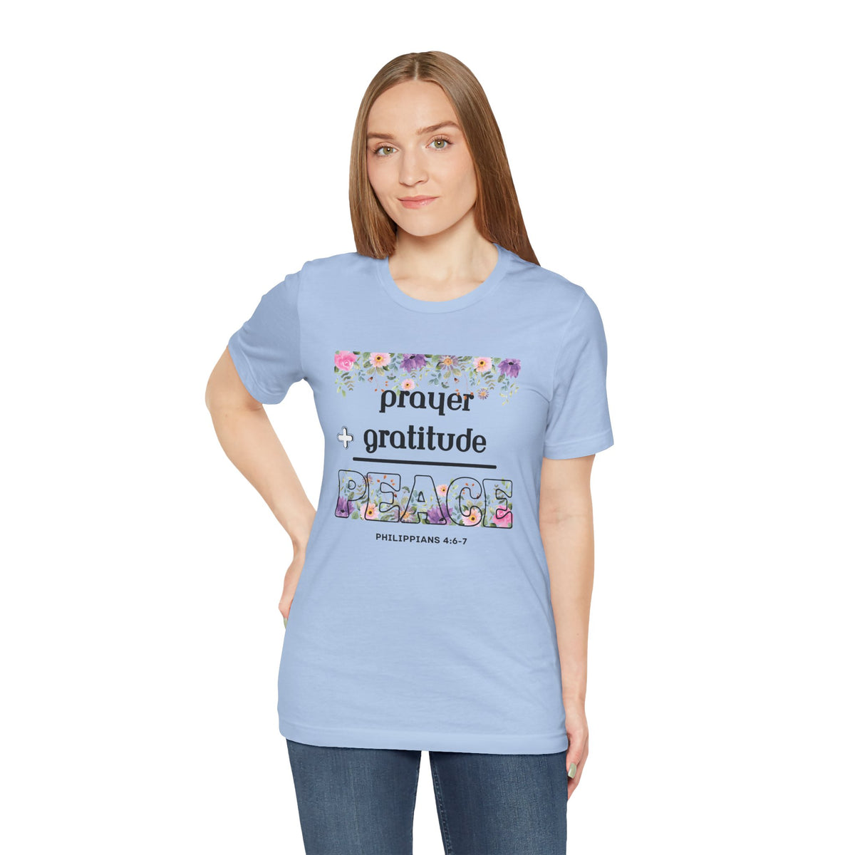 Prayer Plus Gratitude Equals Peace Bella Canvas T-Shirt | Philippians 4:6-7 Scripture Art Tee