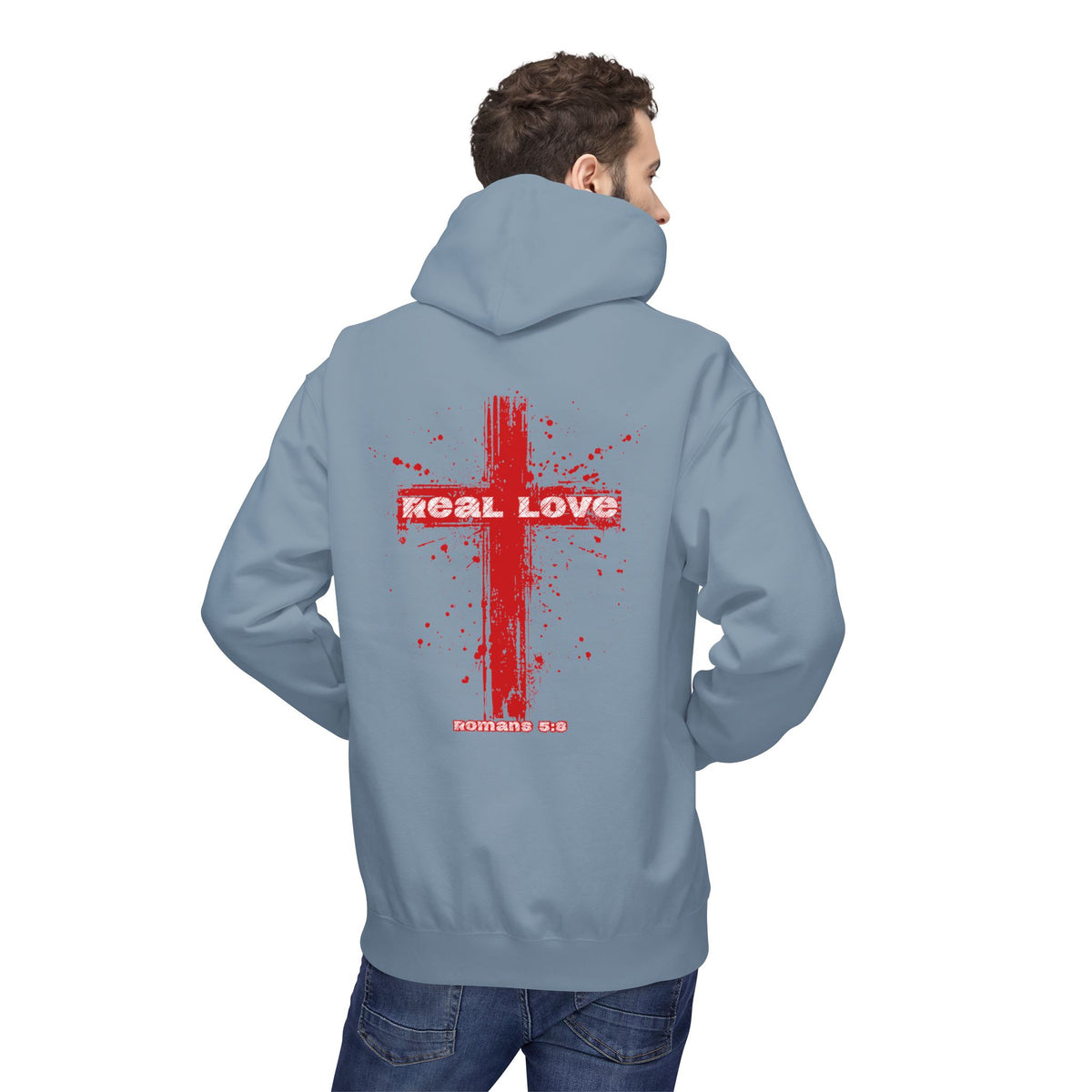 Real Love Christian Cross Premium Hoodie | Romans 5:8 Faith Wear Sweatshirt