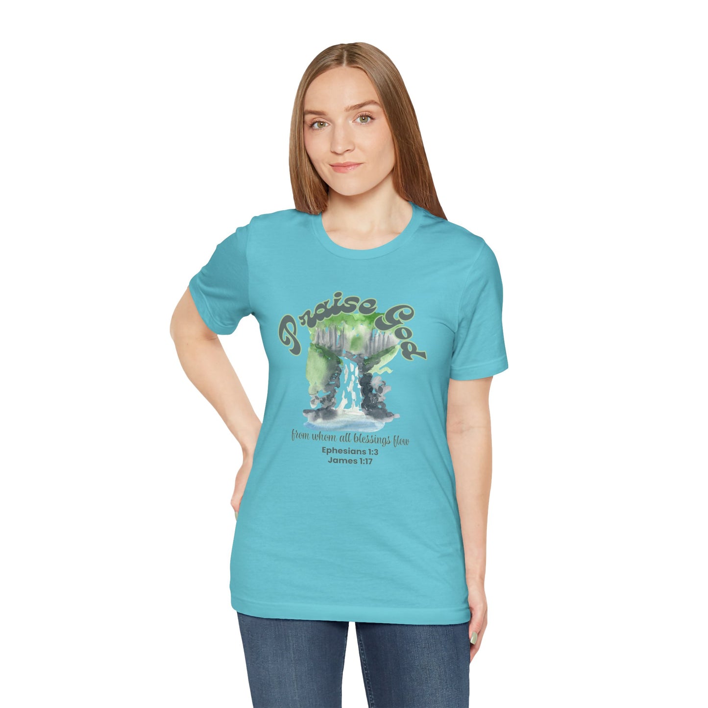 Praise God Bella Canvas T-Shirt | Ephesians 1:3 & James 1:17 Blessings Flow Watercolor Art Tee