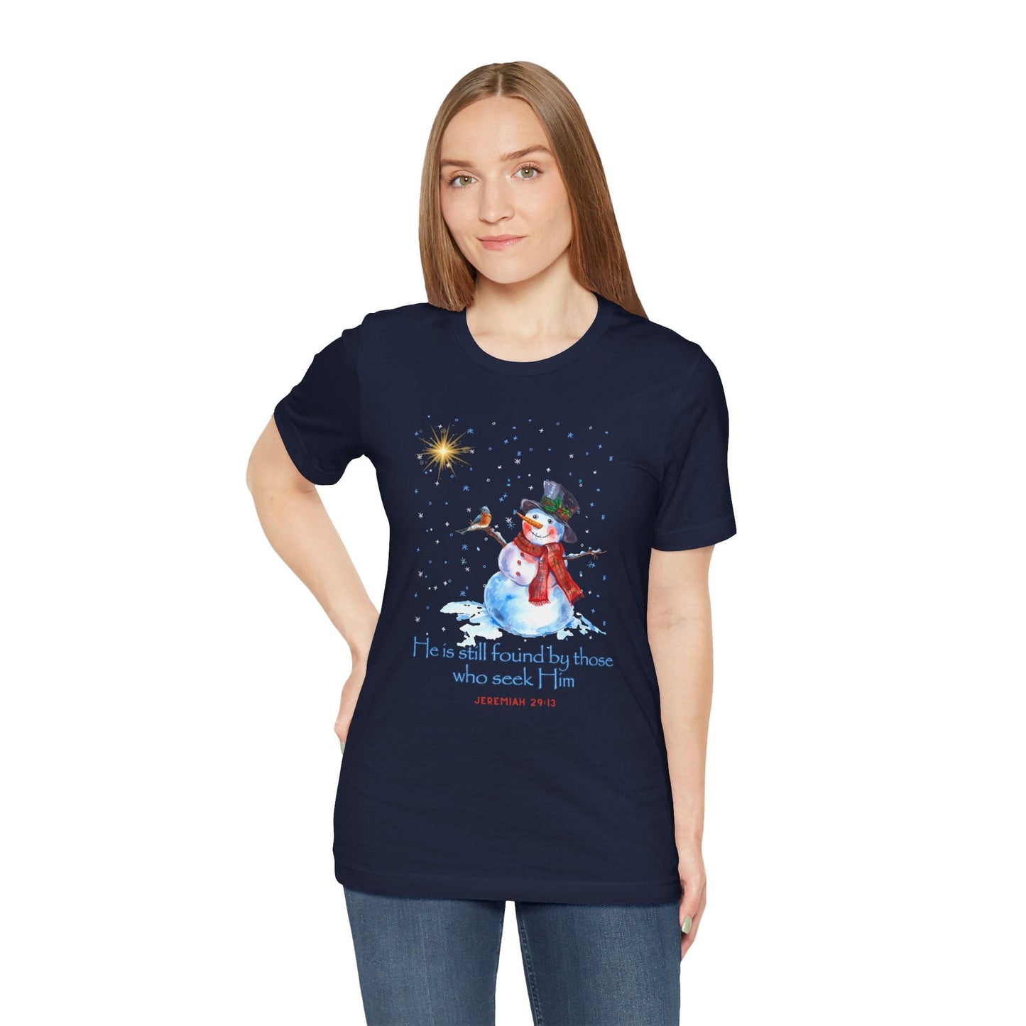 Seek Him and Find Him Christmas T-Shirt | Jeremiah 29:13 Christian Snowman Tee