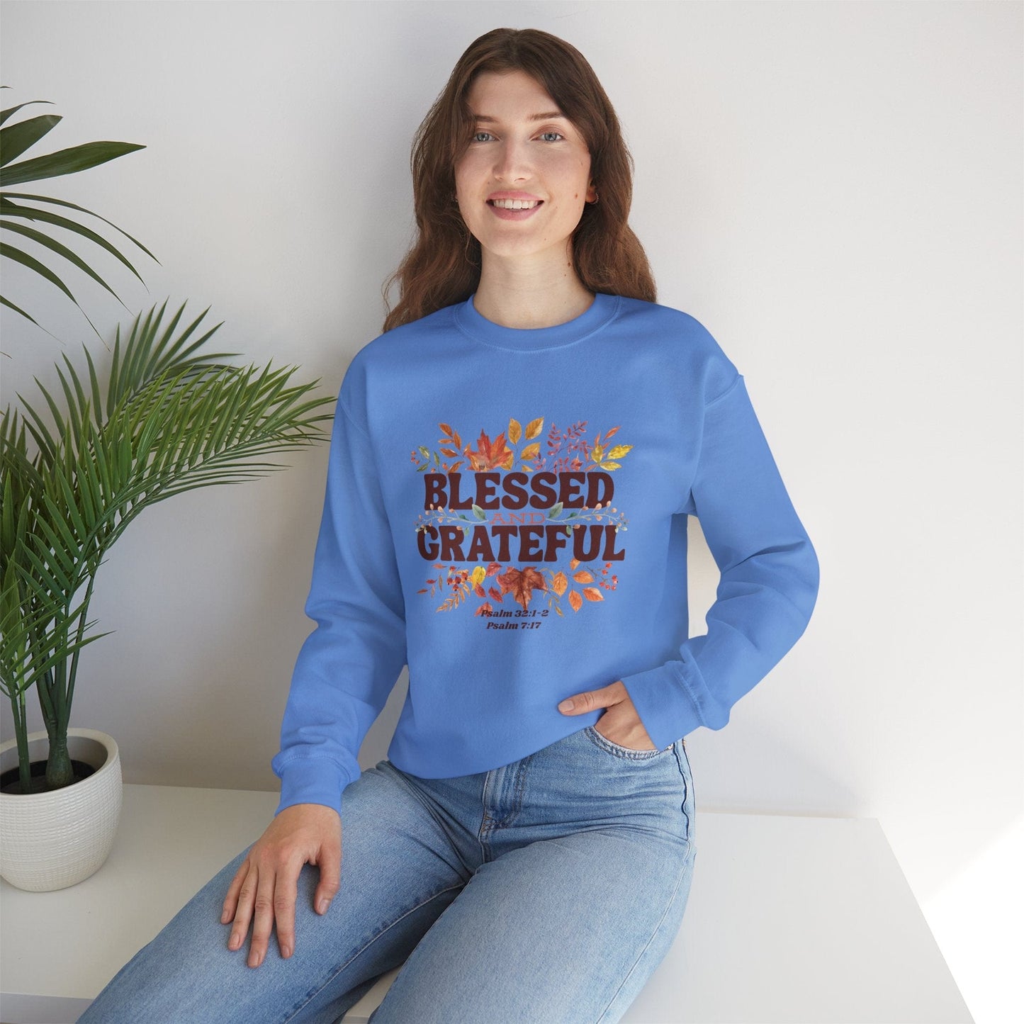 Blessed and Grateful | Christian Fall Sweatshirt Inspired by Psalm 7:17 & Psalm 32:1-2
