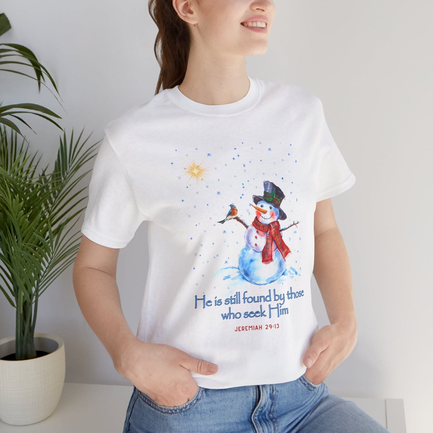 Seek Him and Find Him Christmas T-Shirt | Jeremiah 29:13 Christian Snowman Tee