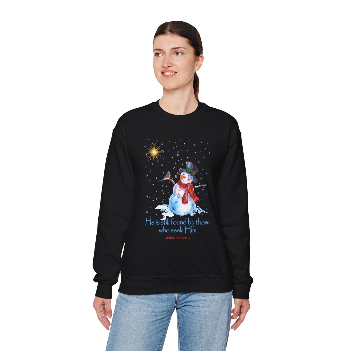 Seek Him and Find Him Christmas Sweatshirt | Jeremiah 29:13 Christian Snowman Design