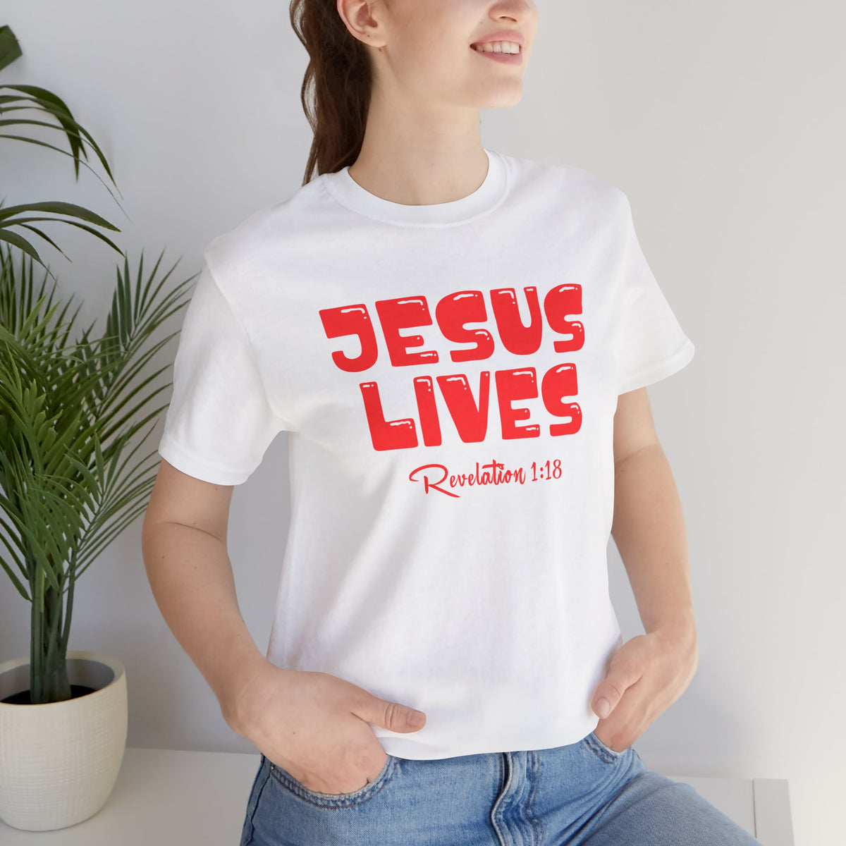 Jesus Lives Revelation 1:18 Bella Canvas T-Shirt | Red Letter Bible Verse Tee