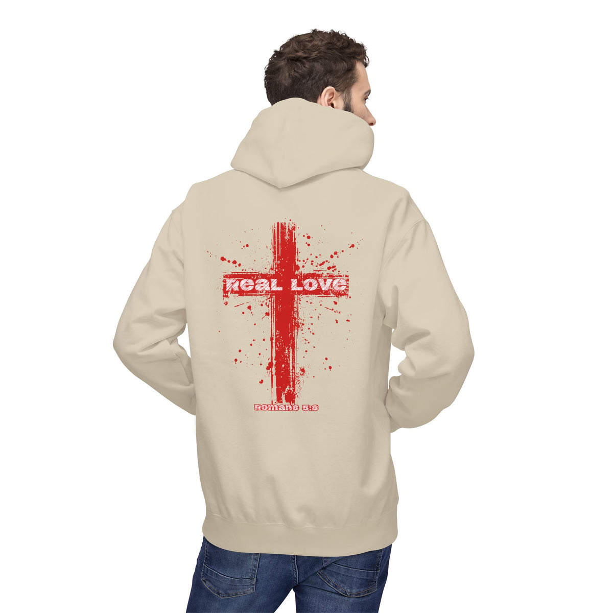 Real Love Christian Cross Premium Hoodie | Romans 5:8 Faith Wear Sweatshirt