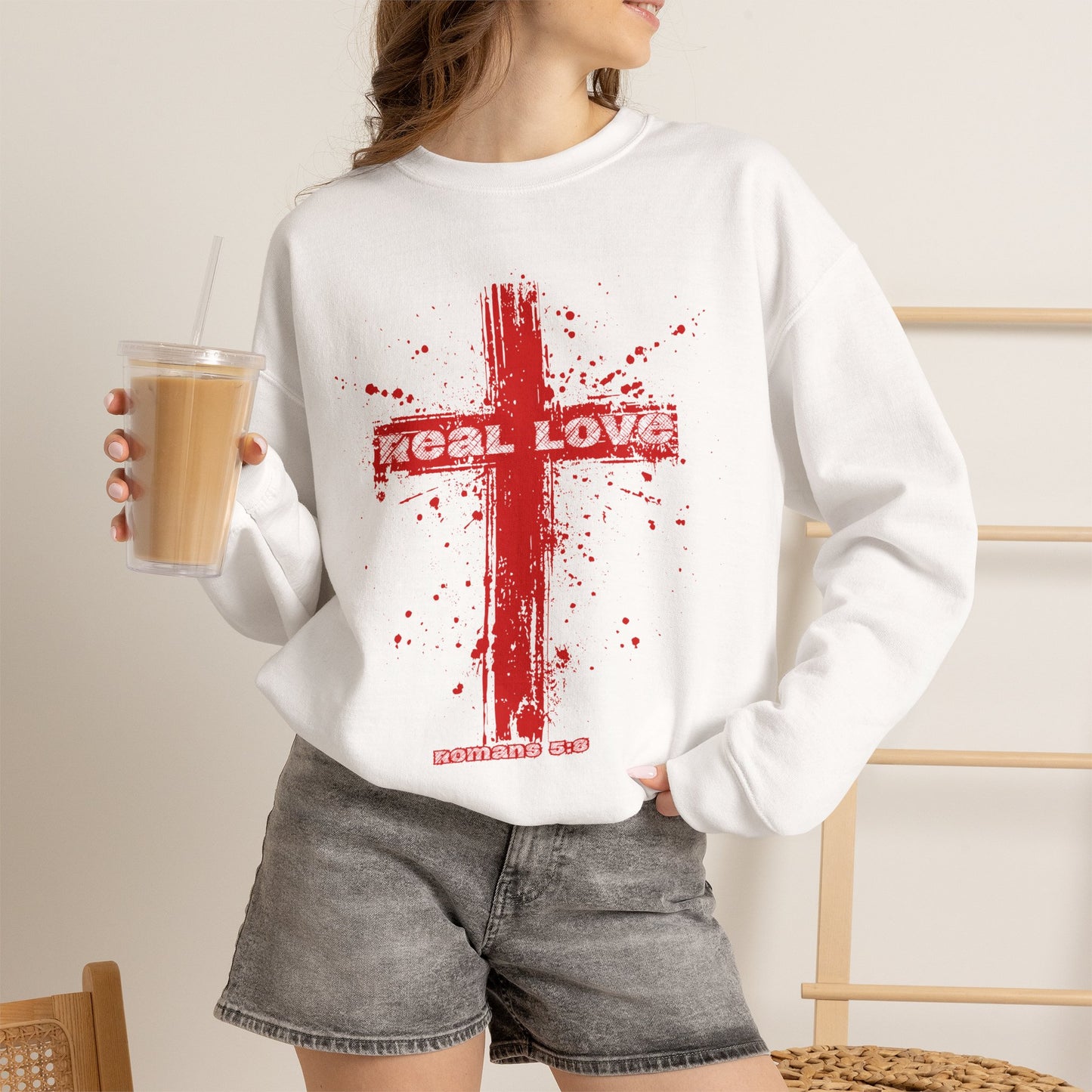 Real Love Christian Cross Sweatshirt | Romans 5:8 Crewneck Pullover