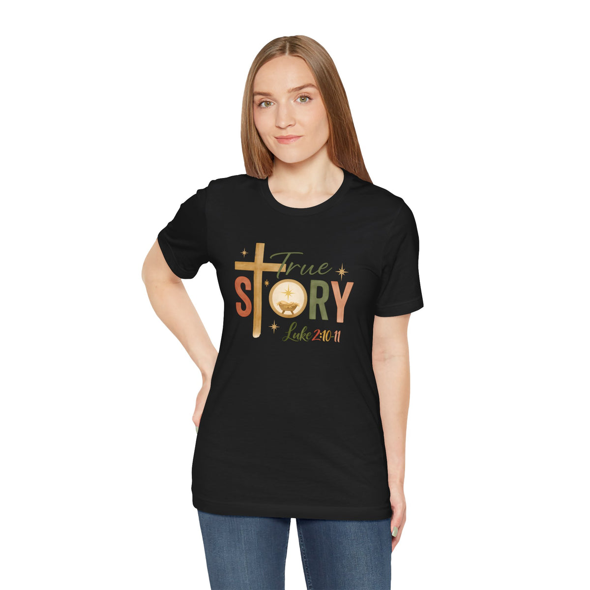 True Story – A Savior Is Born Bella Canvas Christmas T-Shirt | Luke 2:10–11 Scripture Art Tee