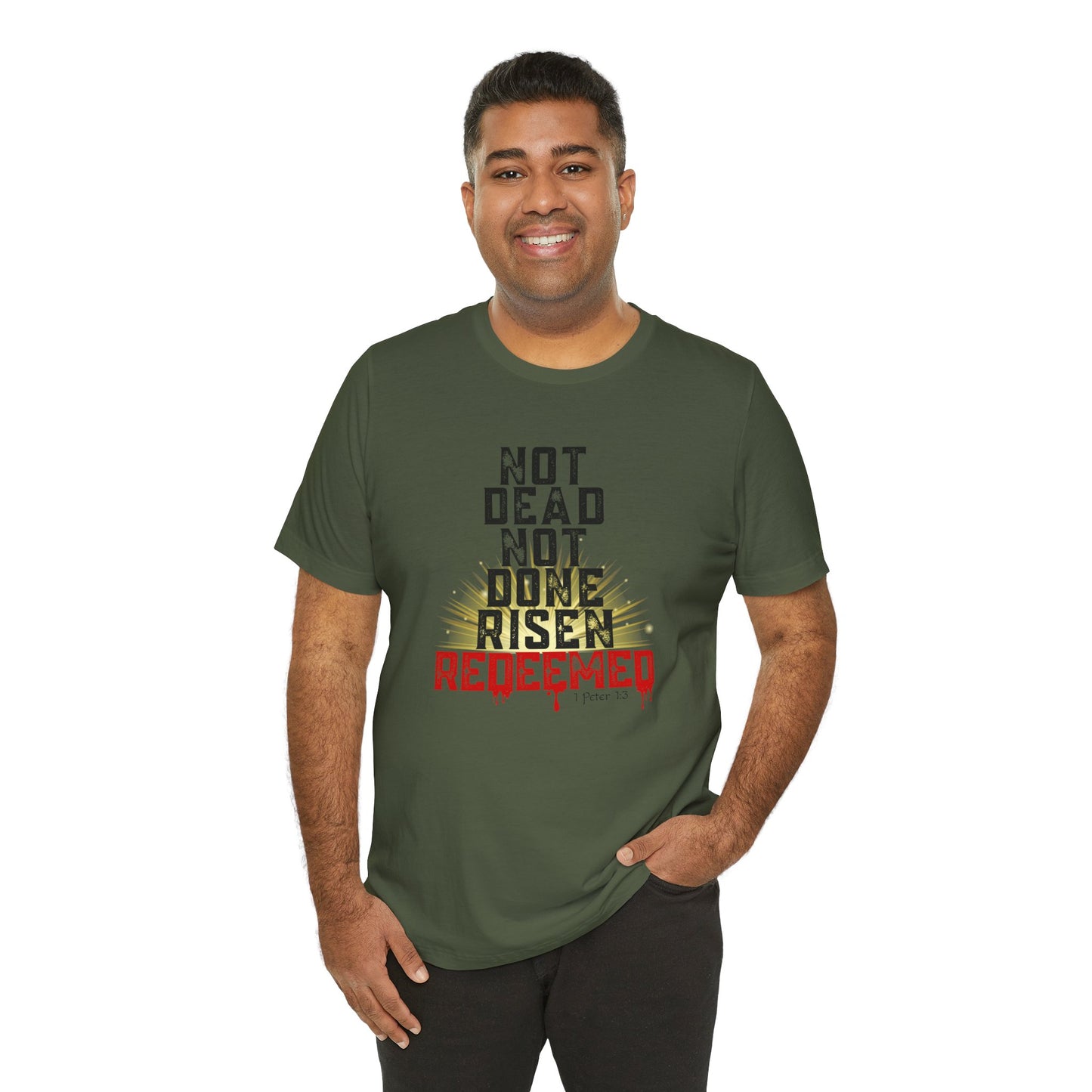 Risen & Redeemed Bold Bella Canvas Men's T-Shirt | 1 Peter 1:3 Christian Tee