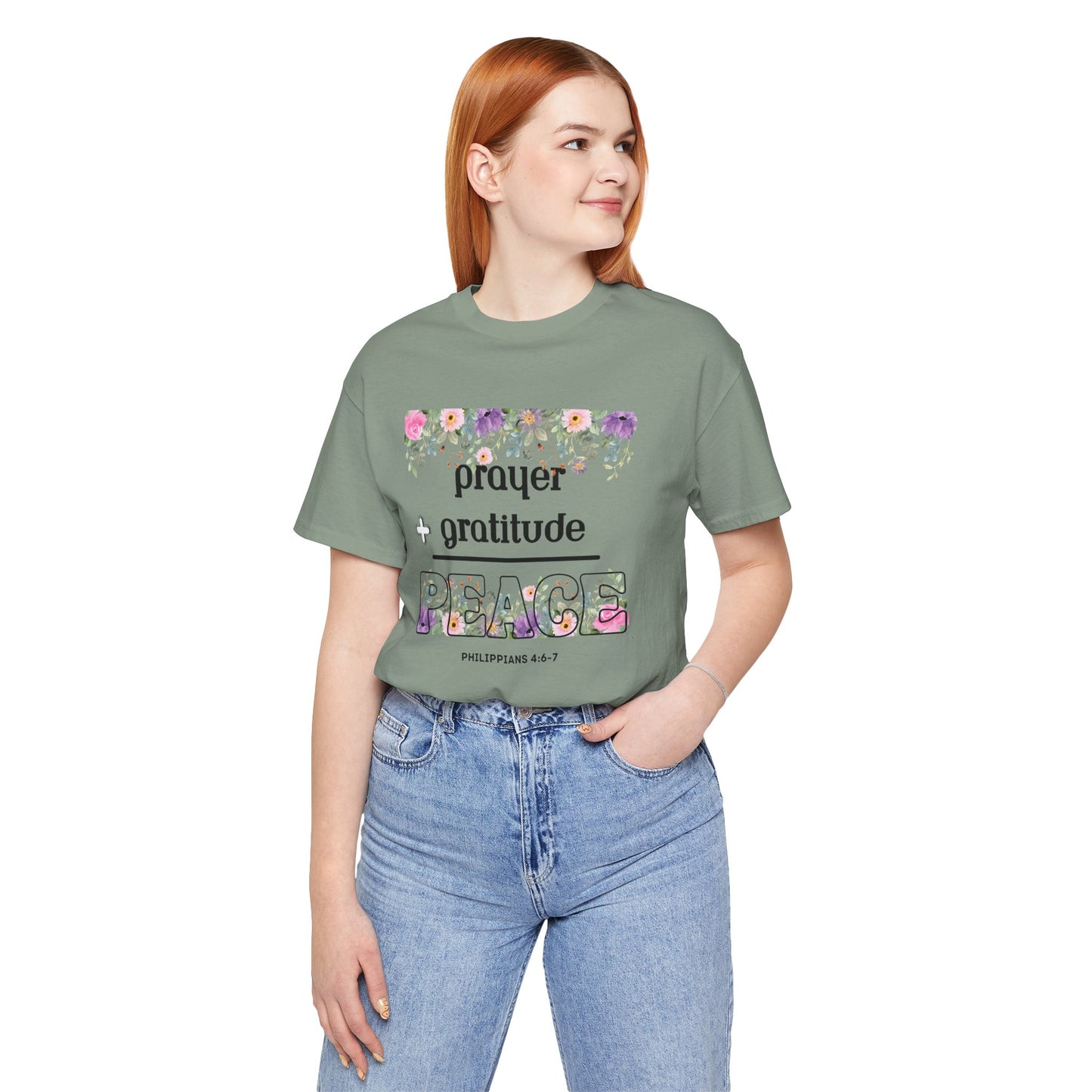 Prayer Plus Gratitude Equals Peace Bella Canvas T-Shirt | Philippians 4:6-7 Scripture Art Tee