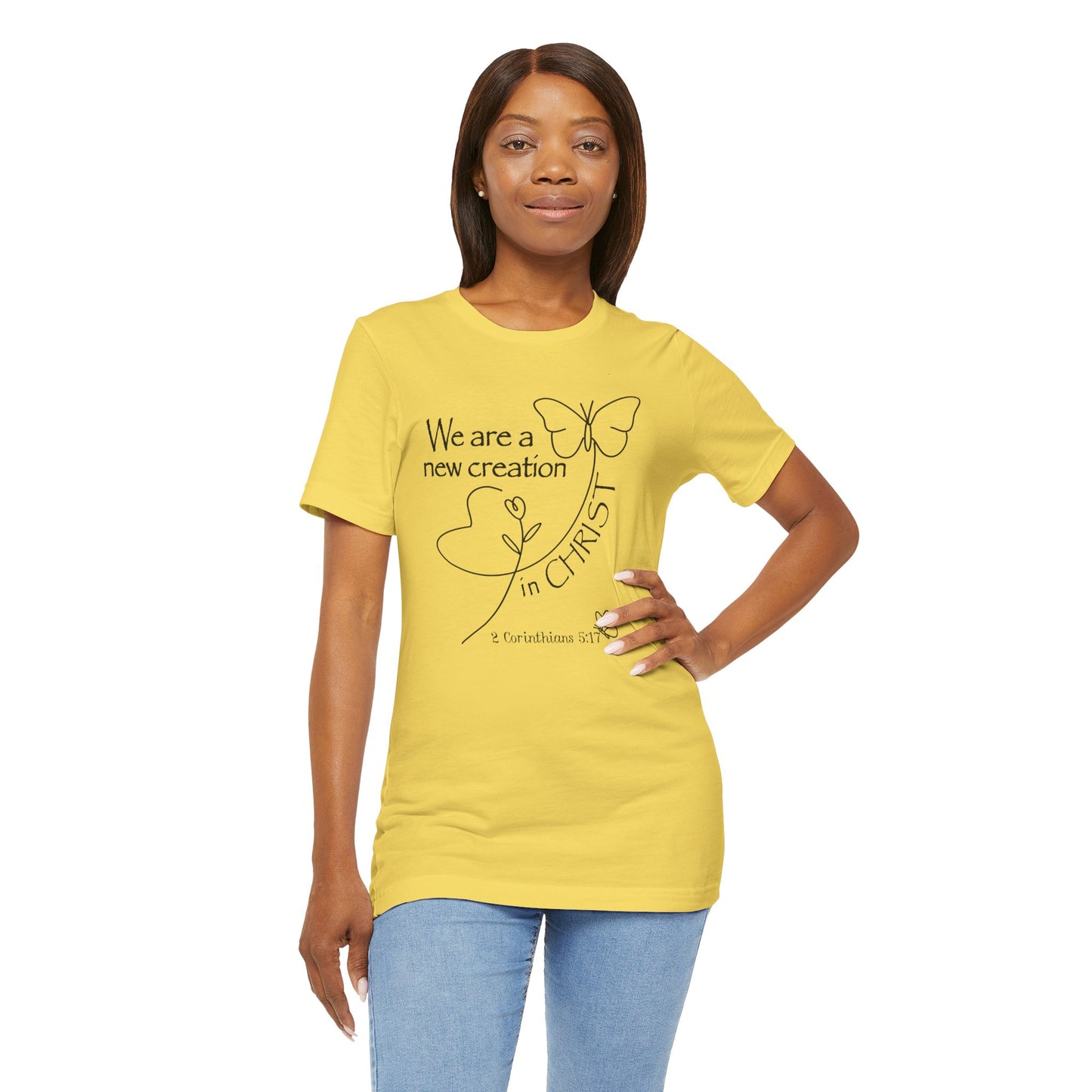 New Creation Butterfly Bella Canvas T‑Shirt | 2 Corinthians 5:17 Bible Verse Tee