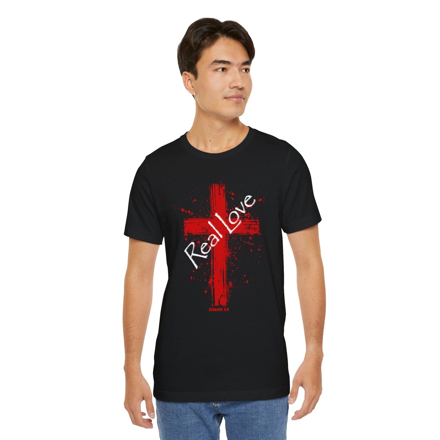 Real Love Bella Canvas Cross T-Shirt | Romans 5:8 Scripture Art Tee