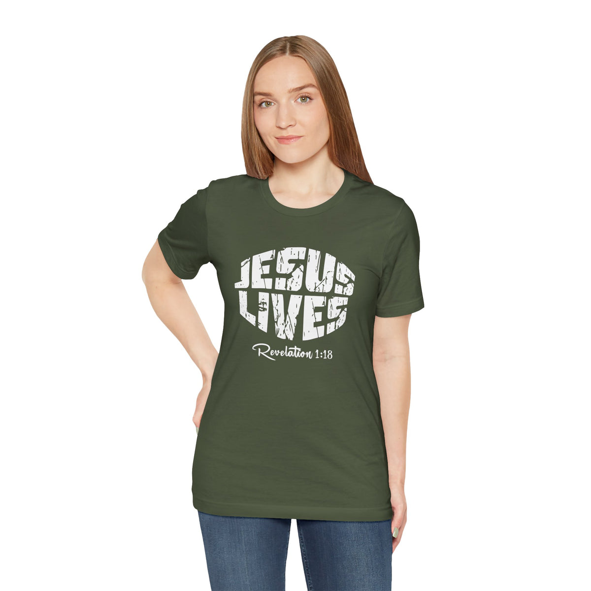 Jesus Lives Bella Canvas T-Shirt | Revelation 1:18 Scripture Art Tee