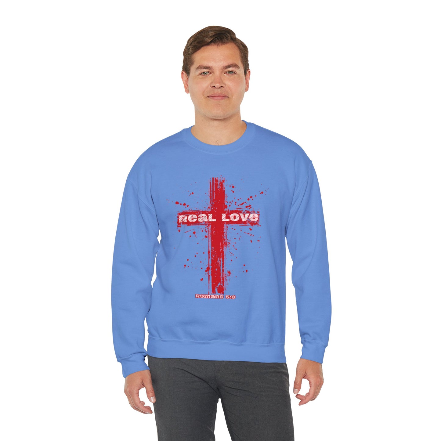 Real Love Christian Cross Sweatshirt | Romans 5:8 Crewneck Pullover