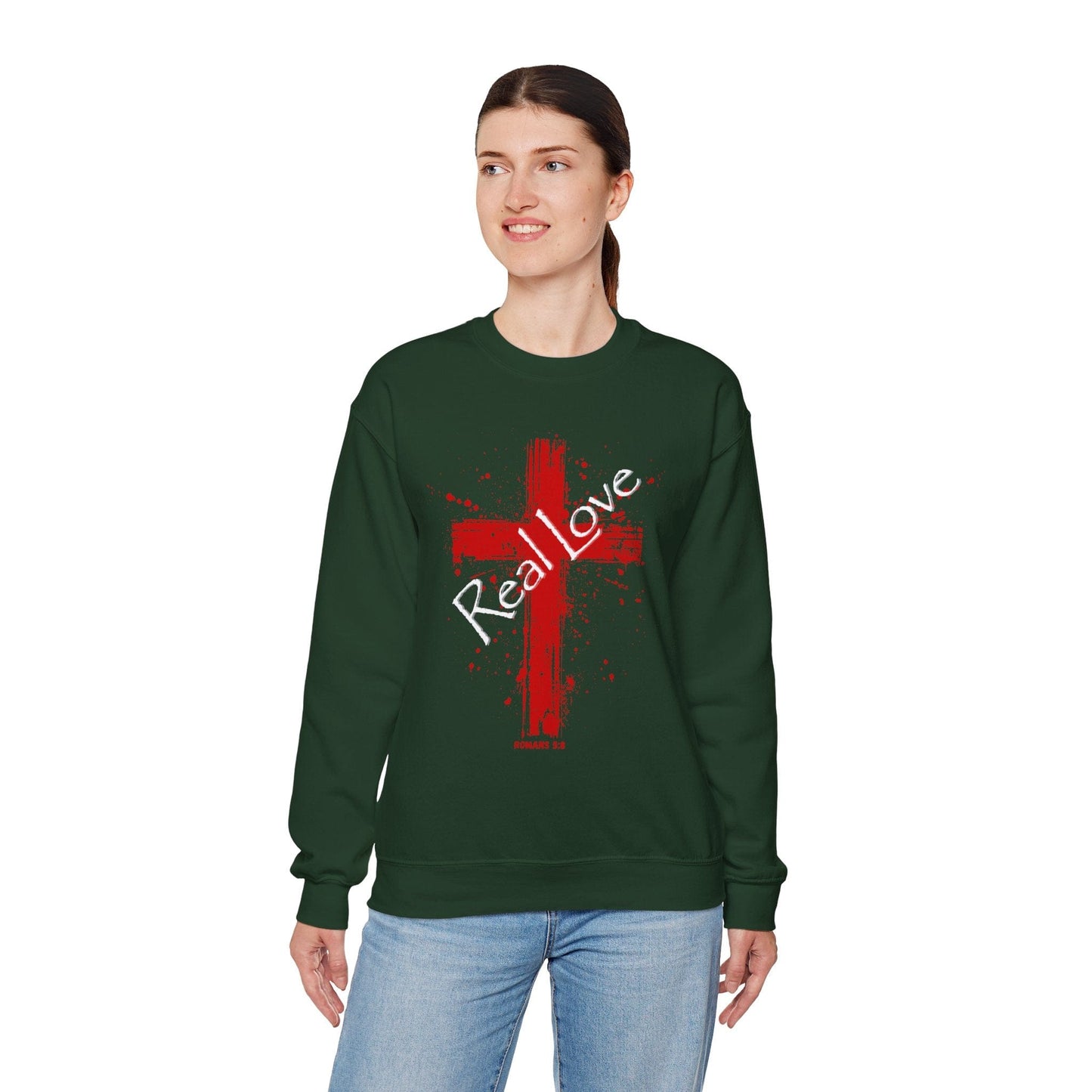 Real Love Christian Cross Sweatshirt | Romans 5:8  Unisex Bible Verse Art