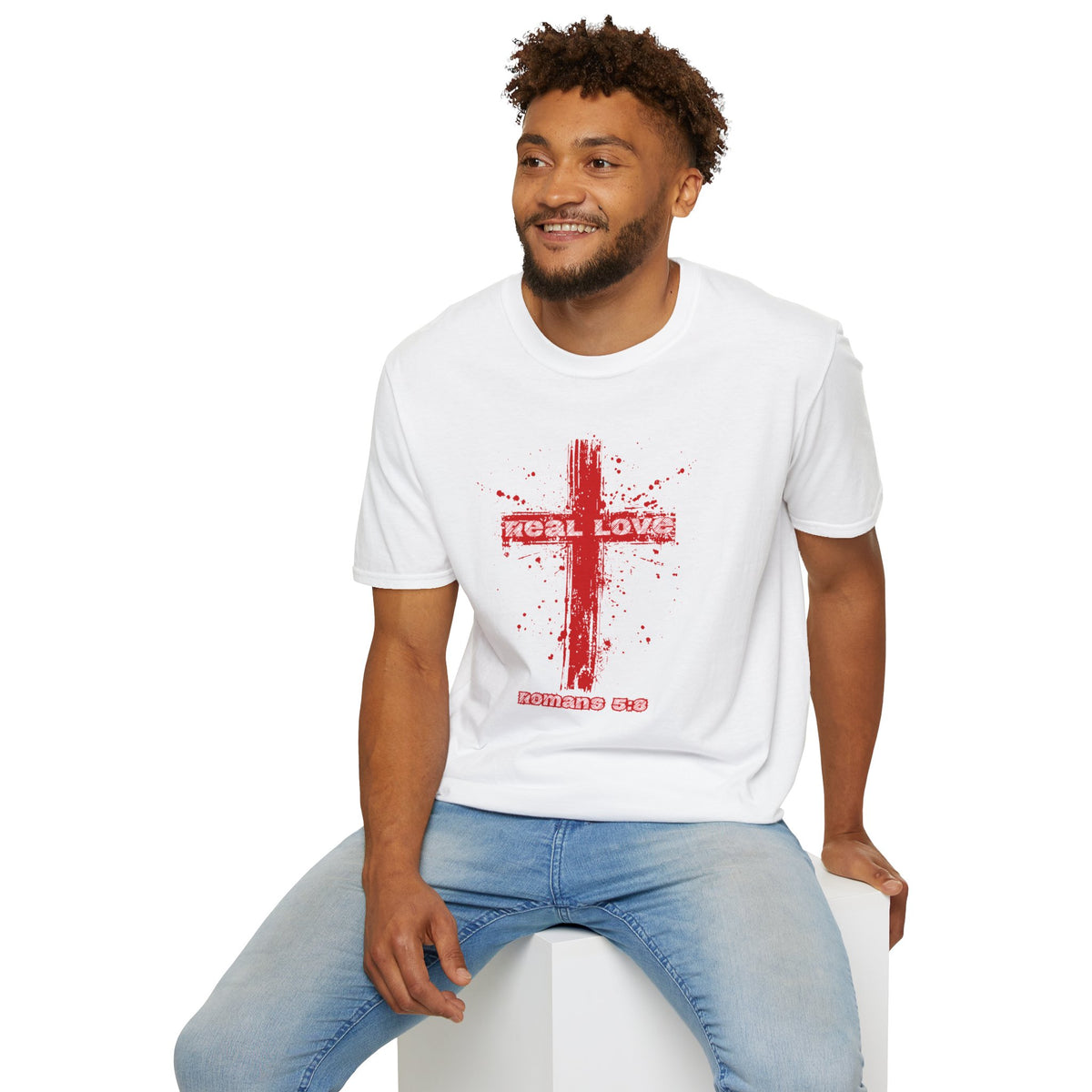 Real Love Gildan Softstyle Cross T-Shirt | Romans 5:8 Unisex Scripture Art Tee