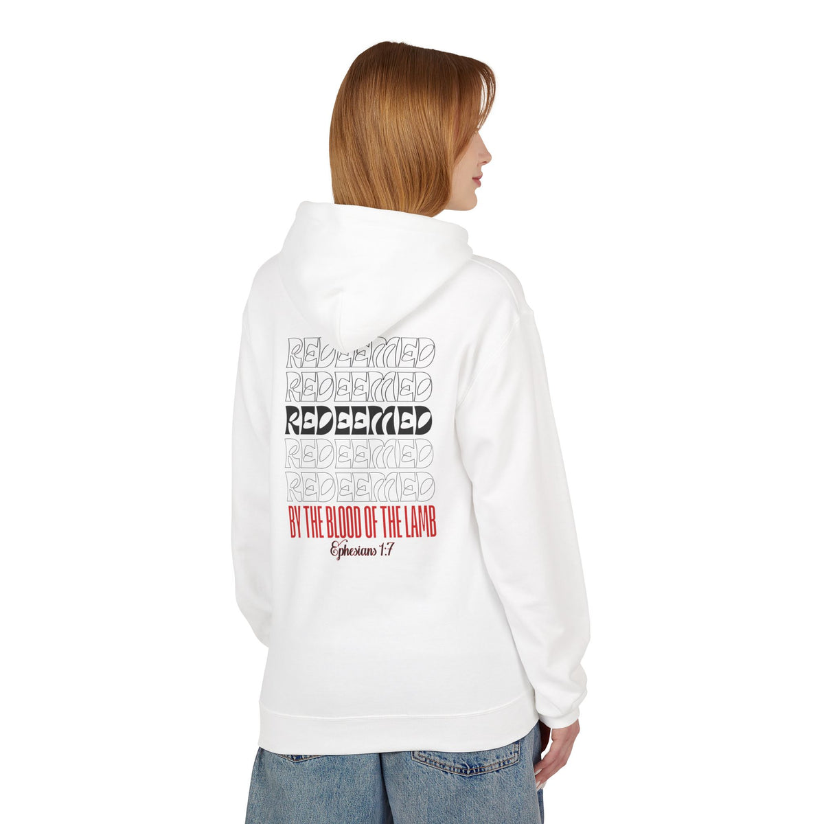 Redeemed by the Blood Unisex Christian Premium Hoodie | Ephesians 1:7 Bible Verse Hoodie