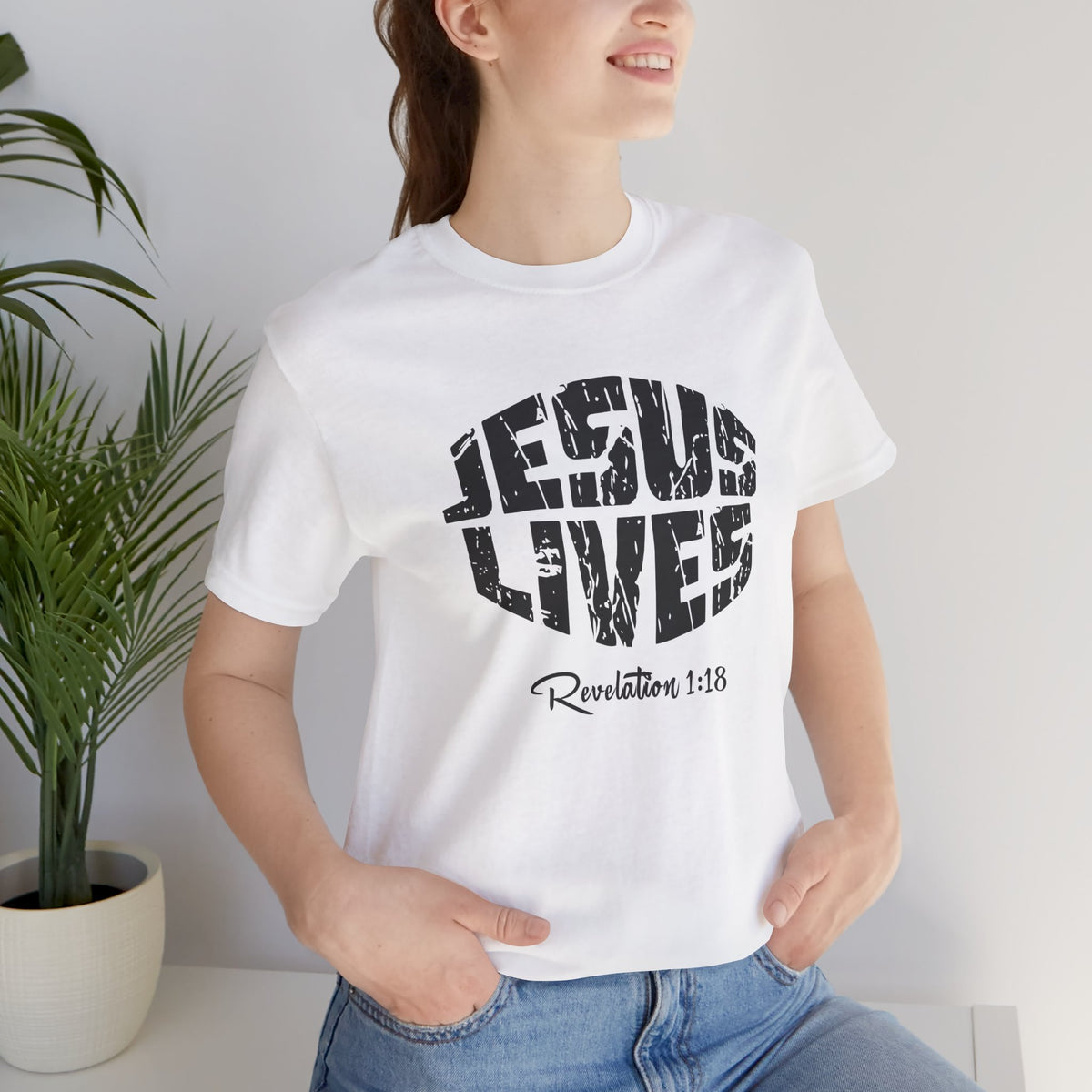 Jesus Lives Bella Canvas T-Shirt | Revelation 1:18 Scripture Art Tee