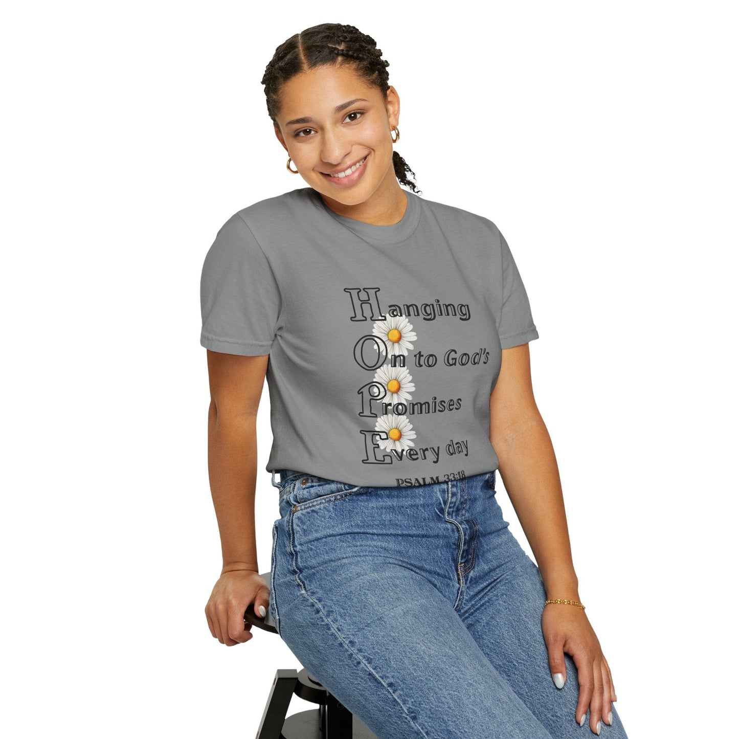 HOPE Acrostic Daisy Comfort Colors T‑Shirt | Psalm 33:18 Scripture Art Tee