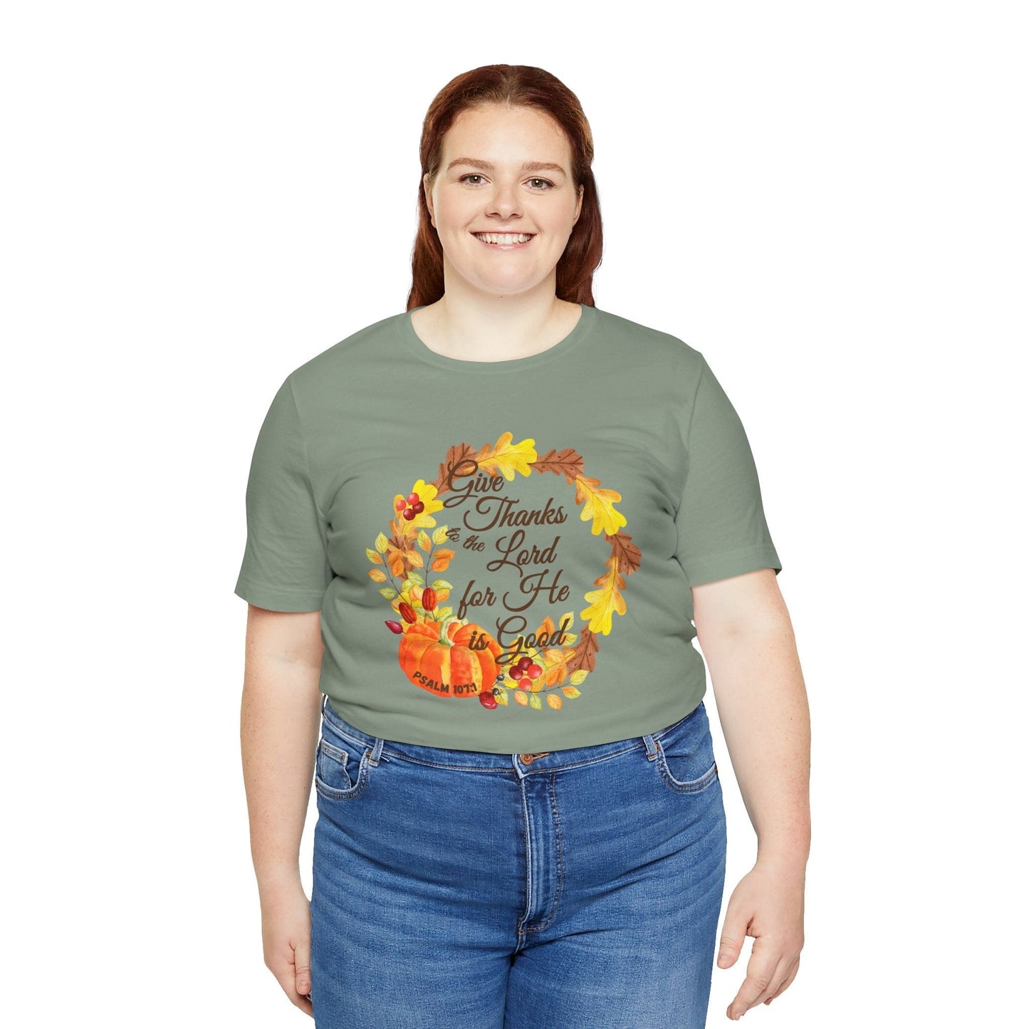 Give Thanks to the Lord Fall Wreath T-Shirt | Autumn Christian Apparel Inspired by Psalm 107:1