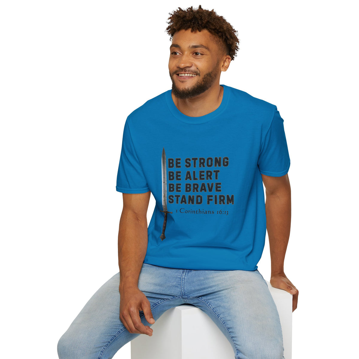 Be Strong Gildan Softstyle Unisex T-Shirt | 1 Corinthians 16:13 Men's Bible Verse Tee