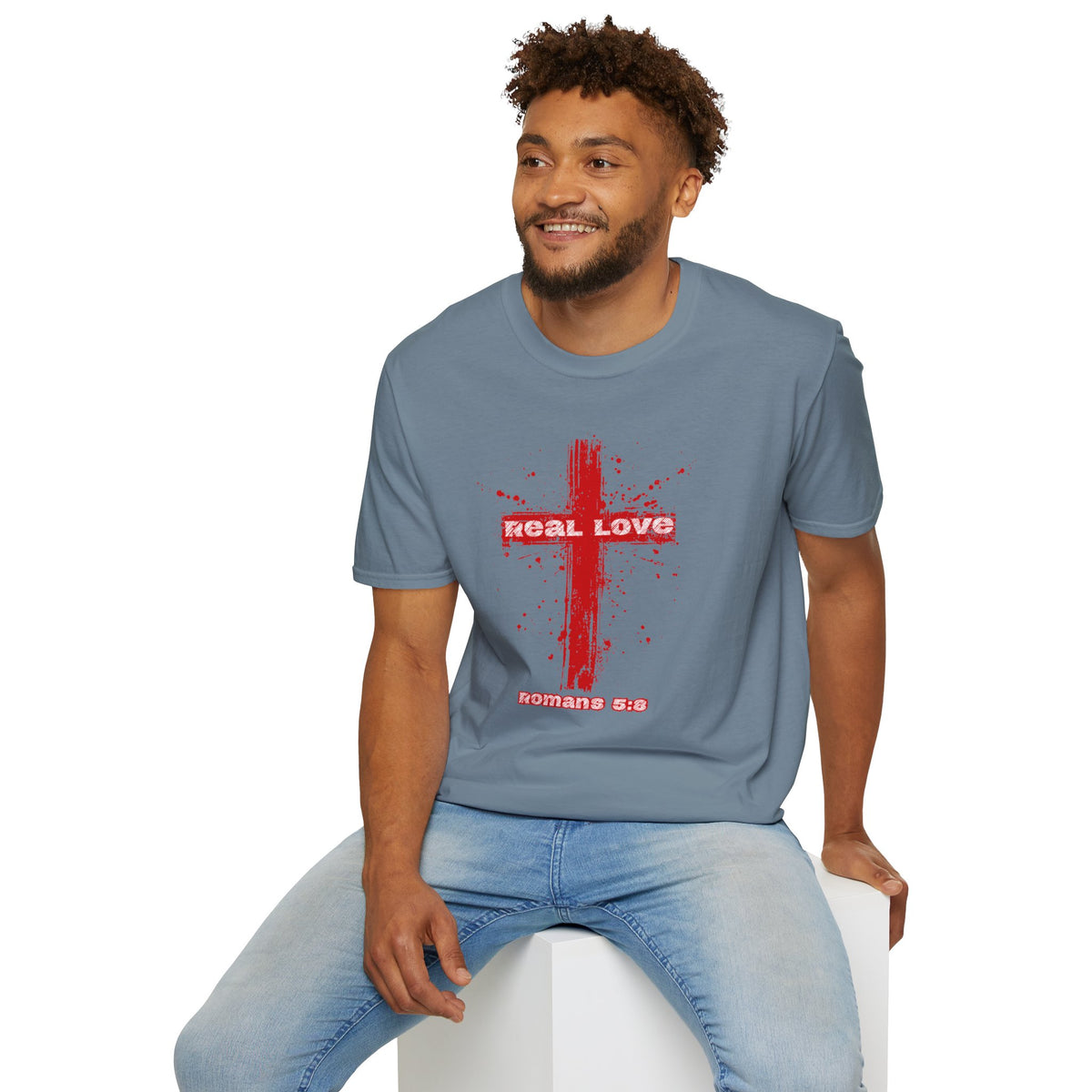 Real Love Gildan Softstyle Cross T-Shirt | Romans 5:8 Unisex Scripture Art Tee