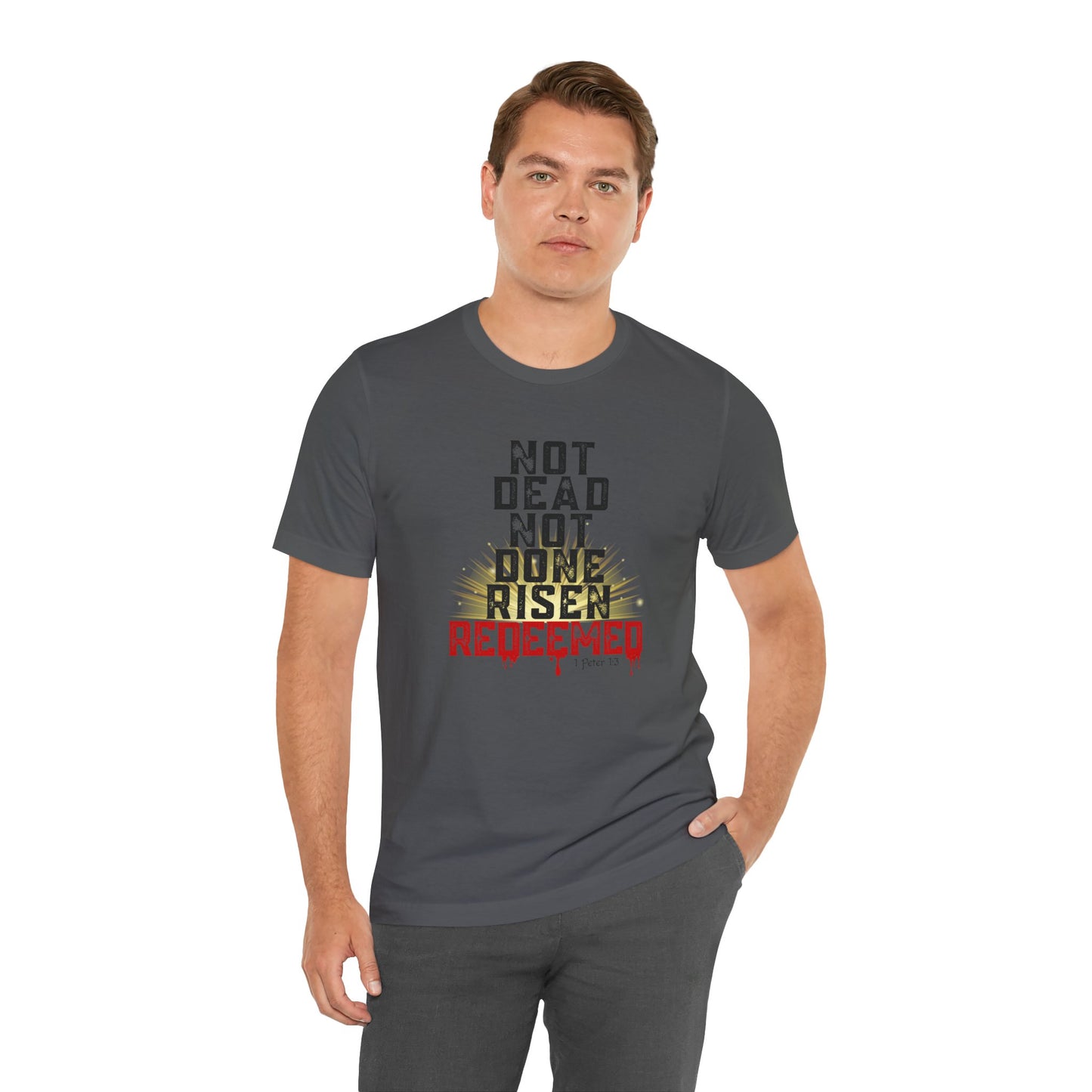 Risen & Redeemed Bold Bella Canvas Men's T-Shirt | 1 Peter 1:3 Christian Tee