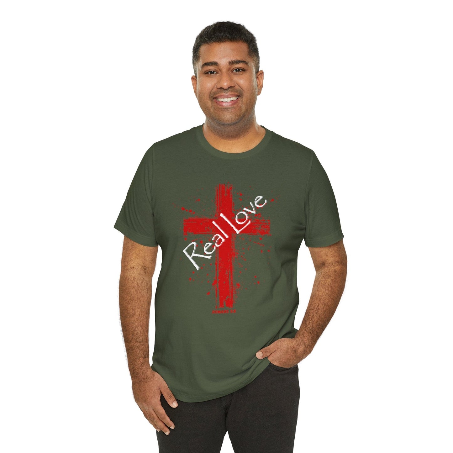 Real Love Bella Canvas Cross T-Shirt | Romans 5:8 Scripture Art Tee