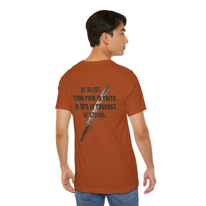 Be Alert – 1 Corinthians 16:13 Christian Men’s T-Shirt | Stand Firm in Faith, Be Courageous, Be Strong