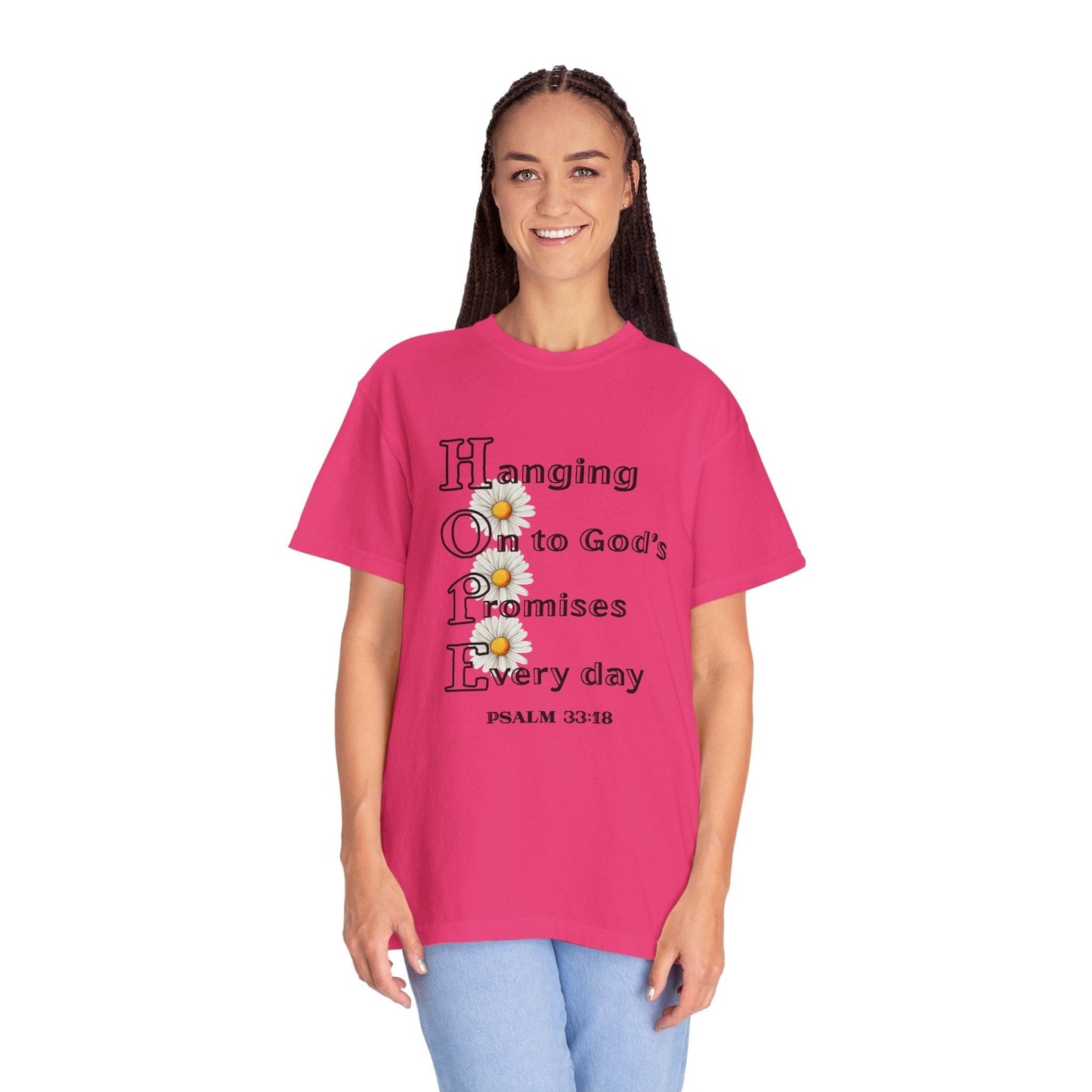 HOPE Acrostic Daisy Comfort Colors T‑Shirt | Psalm 33:18 Scripture Art Tee