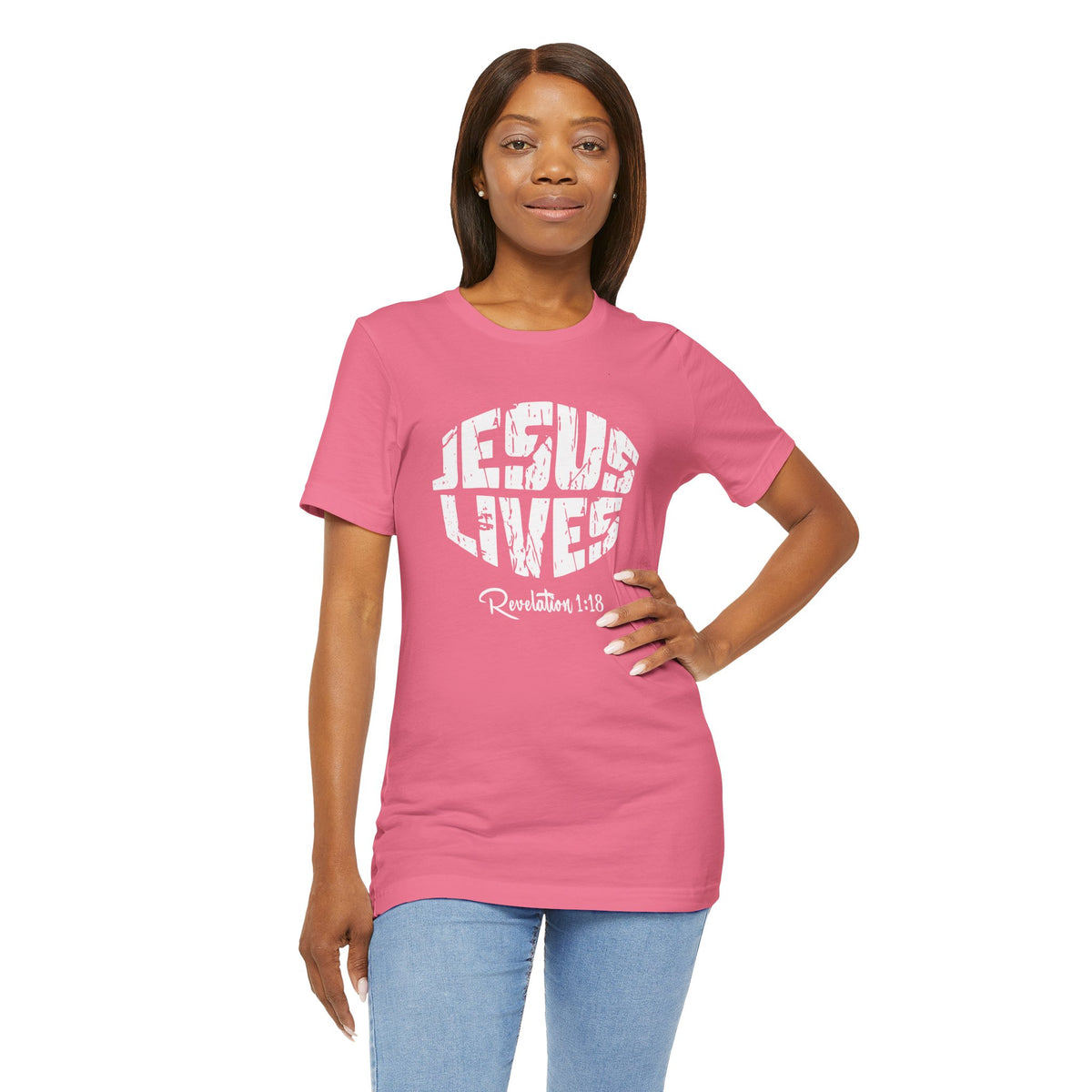 Jesus Lives Bella Canvas T-Shirt | Revelation 1:18 Scripture Art Tee