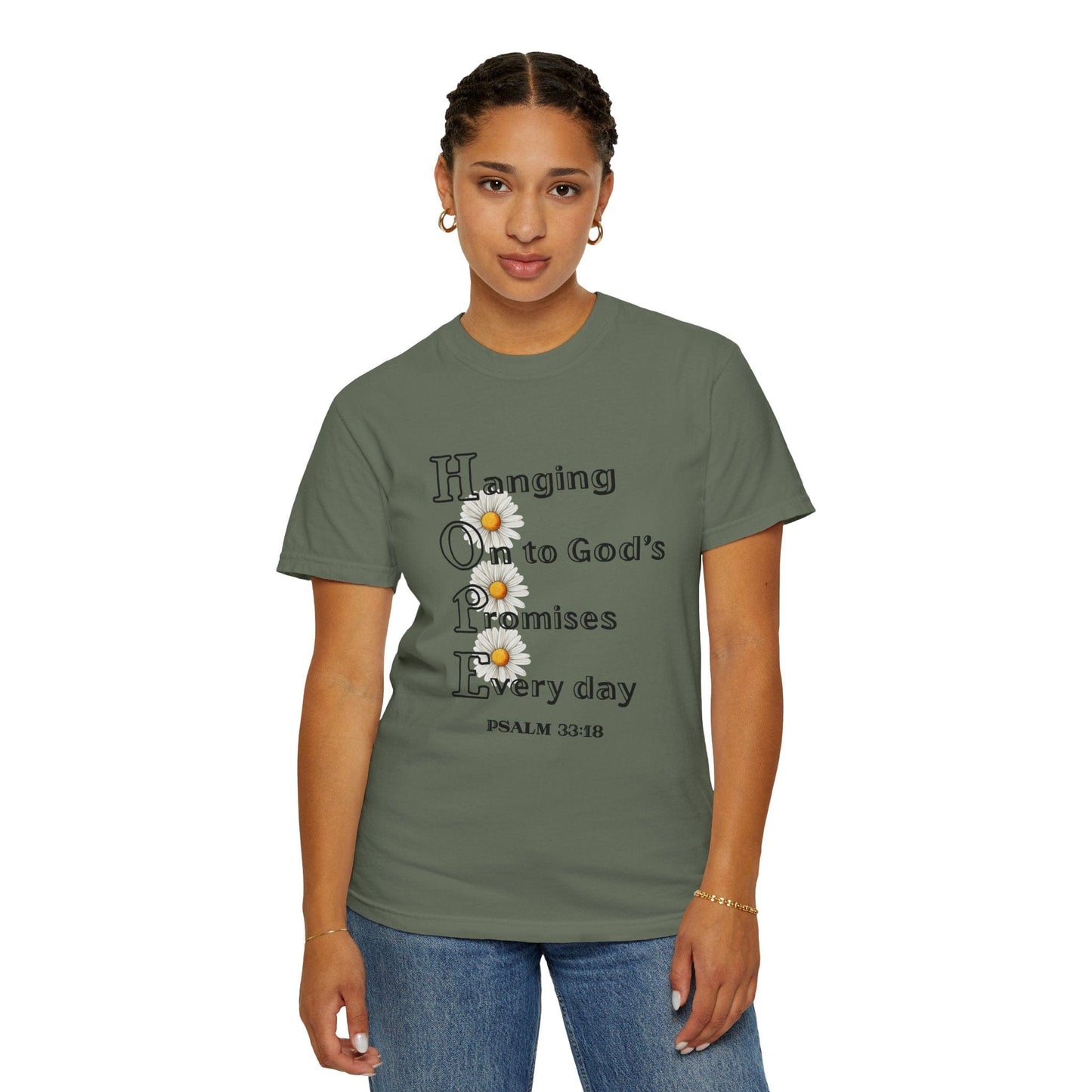 HOPE Acrostic Daisy Comfort Colors T‑Shirt | Psalm 33:18 Scripture Art Tee
