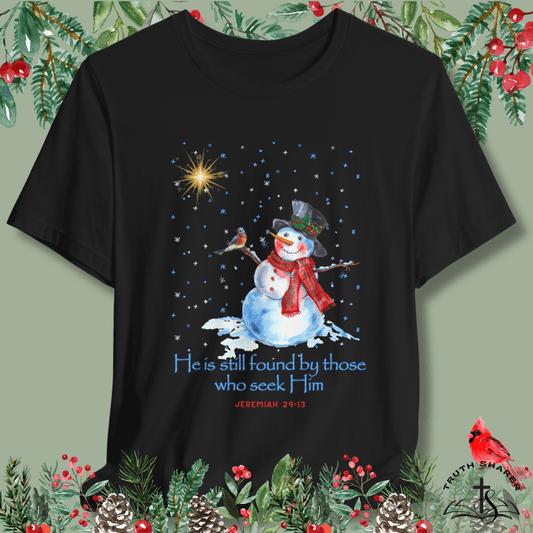 Seek Him and Find Him Christmas T-Shirt | Jeremiah 29:13 Christian Snowman Tee