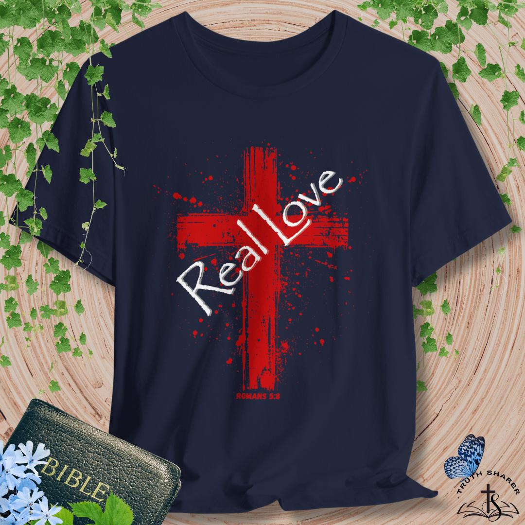 Romans 5:8 “Real Love” Cross Design – Christian T-Shirt
