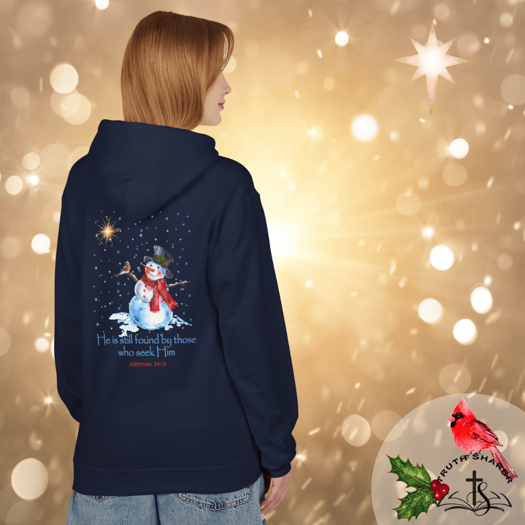 Seek Him and Find Him Christmas Hoodie | Jeremiah 29:13 Christian Snowman Design