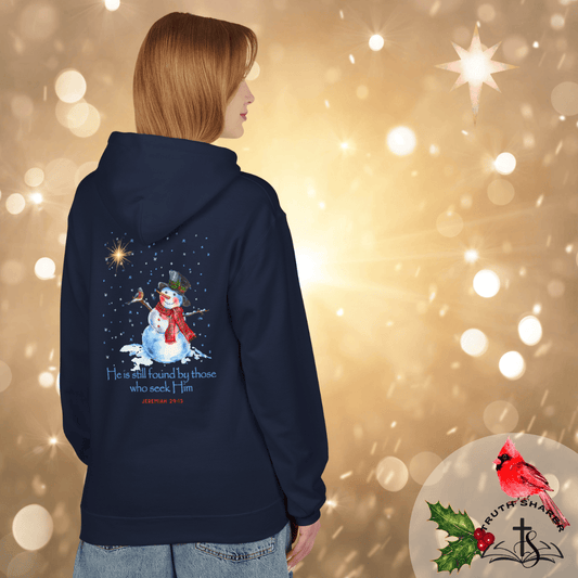 Seek Him and Find Him Christmas Hoodie | Jeremiah 29:13 Christian Snowman Design