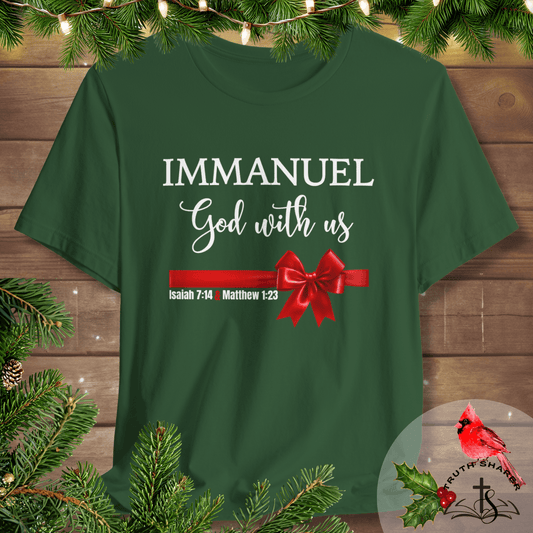 Immanuel “God With Us” Christian Christmas T-Shirt | Isaiah 7:14 & Matthew 1:23 | Faith-Based Holiday Tee