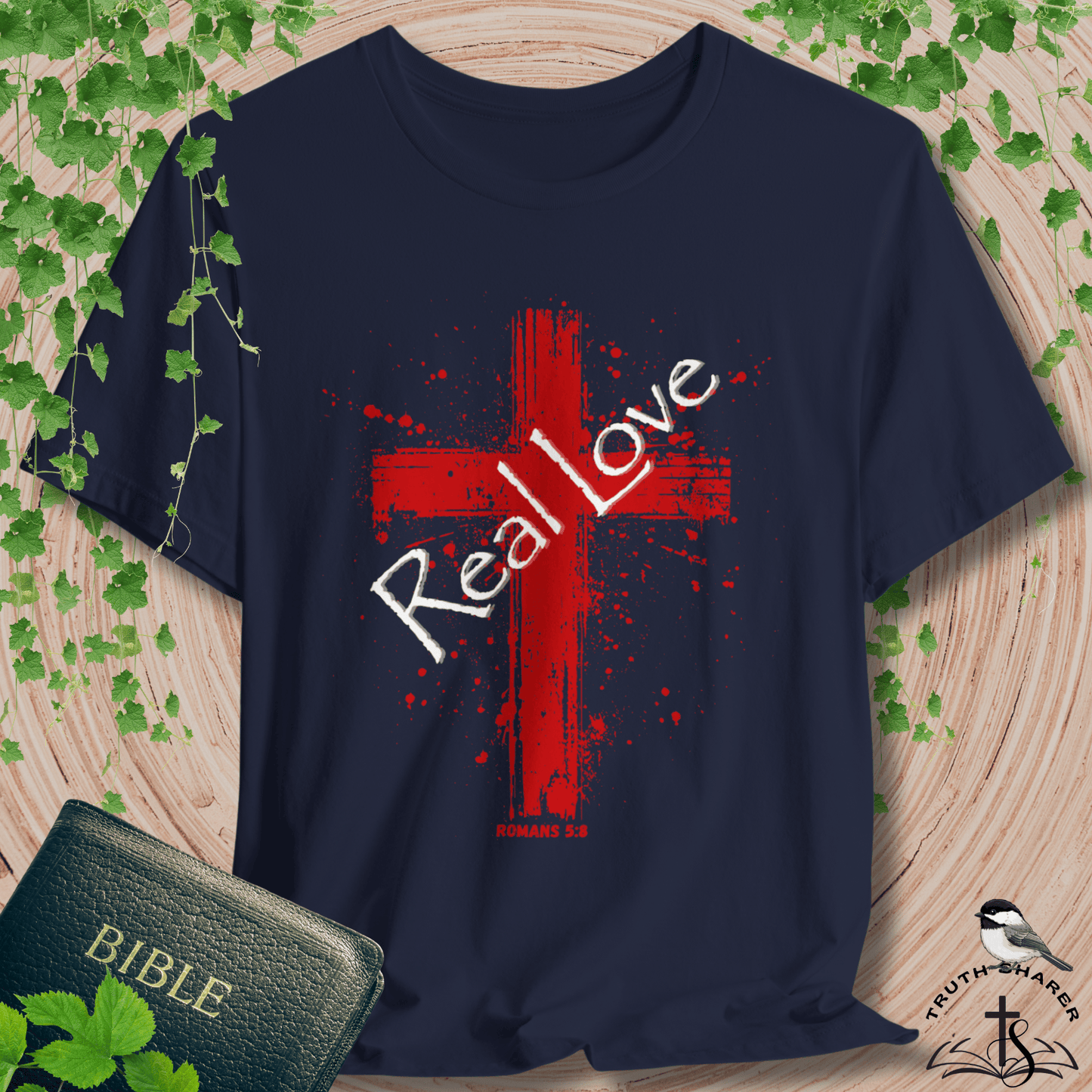 Real Love Bella Canvas Cross T-Shirt | Romans 5:8 Scripture Art Tee