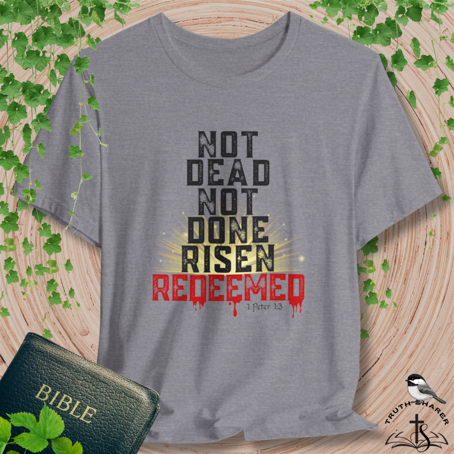 Risen & Redeemed Bold Bella Canvas Men's T-Shirt | 1 Peter 1:3 Christian Tee