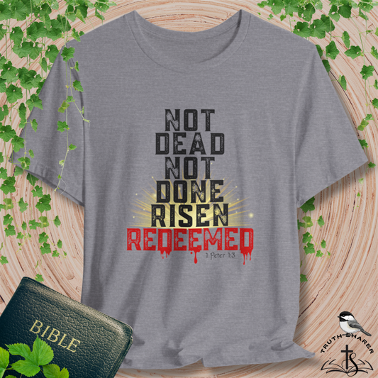 Risen & Redeemed Bold Bella Canvas Men's T-Shirt | 1 Peter 1:3 Christian Tee