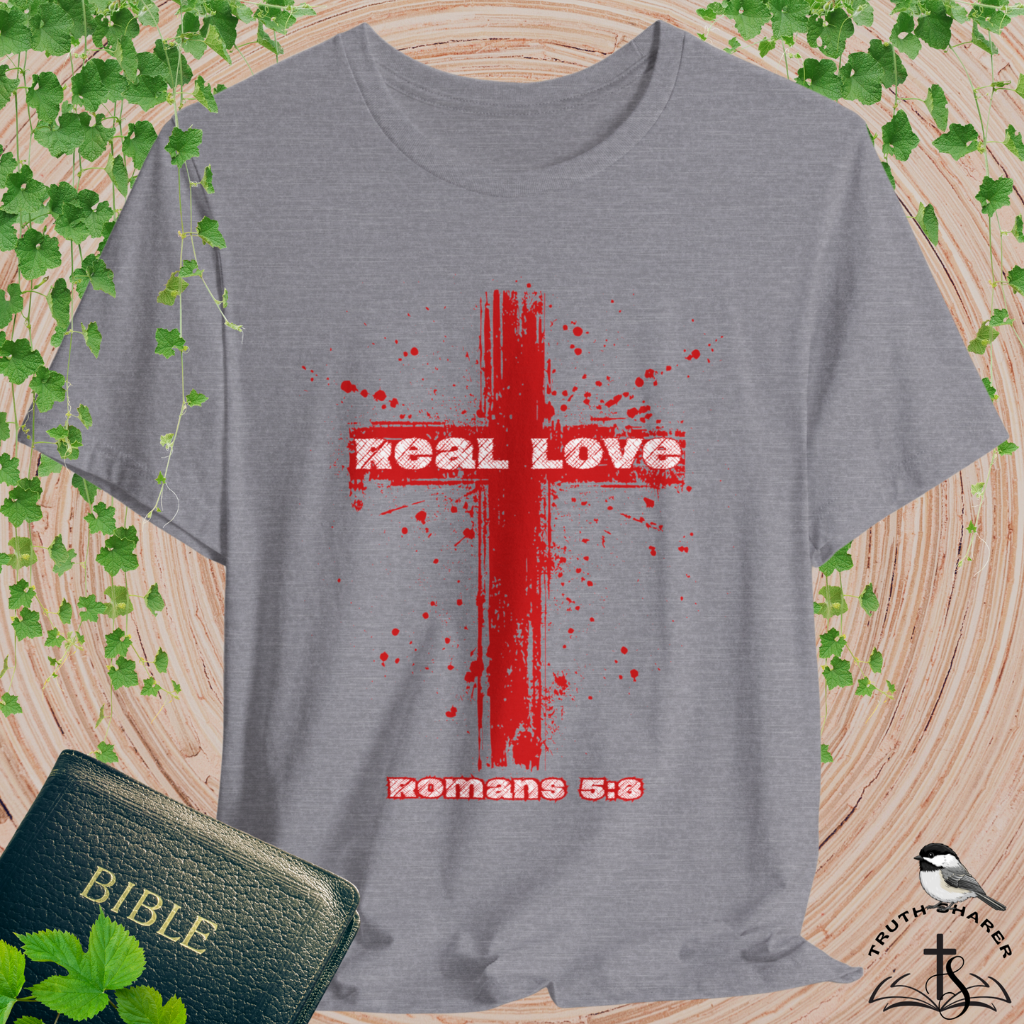 Real Love Bella Canvas Cross T-Shirt | Romans 5:8 Scripture Art Tee