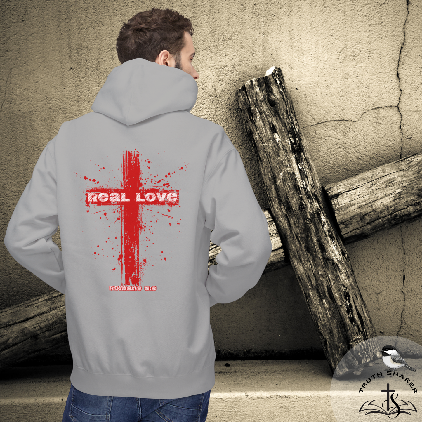 Real Love Christian Cross Hoodie | Romans 5:8 Faith Wear Sweatshirt
