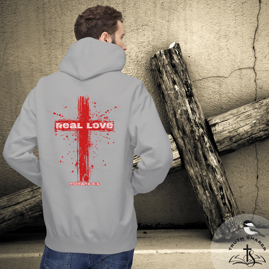 Real Love Christian Cross Hoodie | Romans 5:8 Faith Wear Sweatshirt