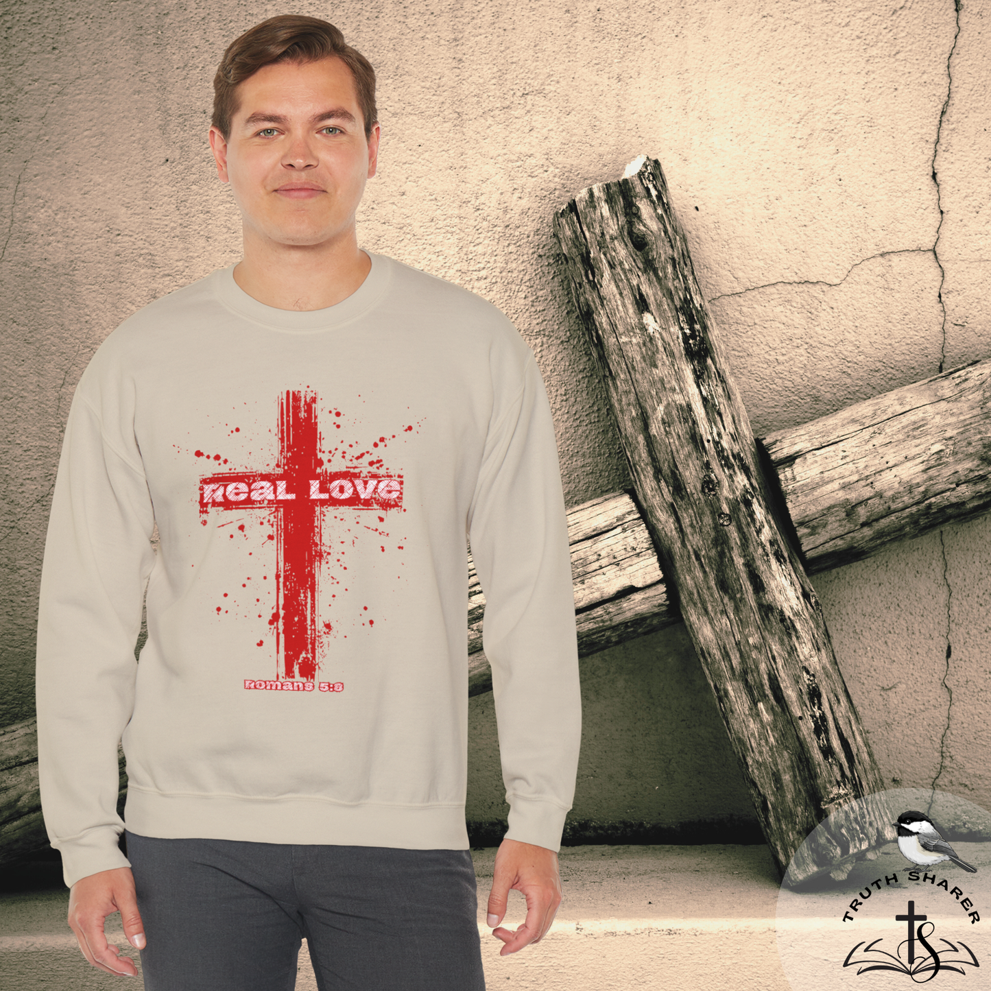 Real Love Christian Cross Sweatshirt | Romans 5:8 Crewneck Pullover