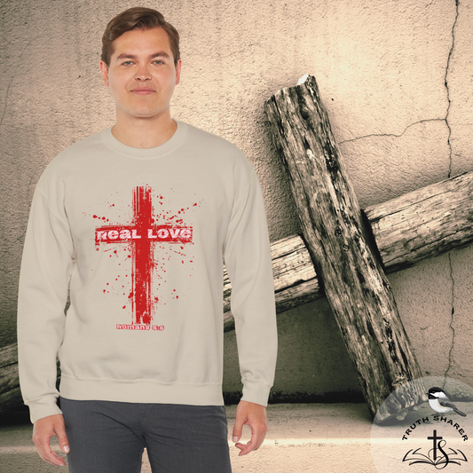 Real Love Christian Cross Sweatshirt | Romans 5:8 Crewneck Pullover
