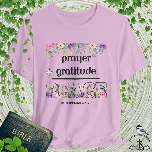 Prayer Plus Gratitude Equals Peace Bella Canvas T-Shirt | Philippians 4:6-7 Scripture Art Tee