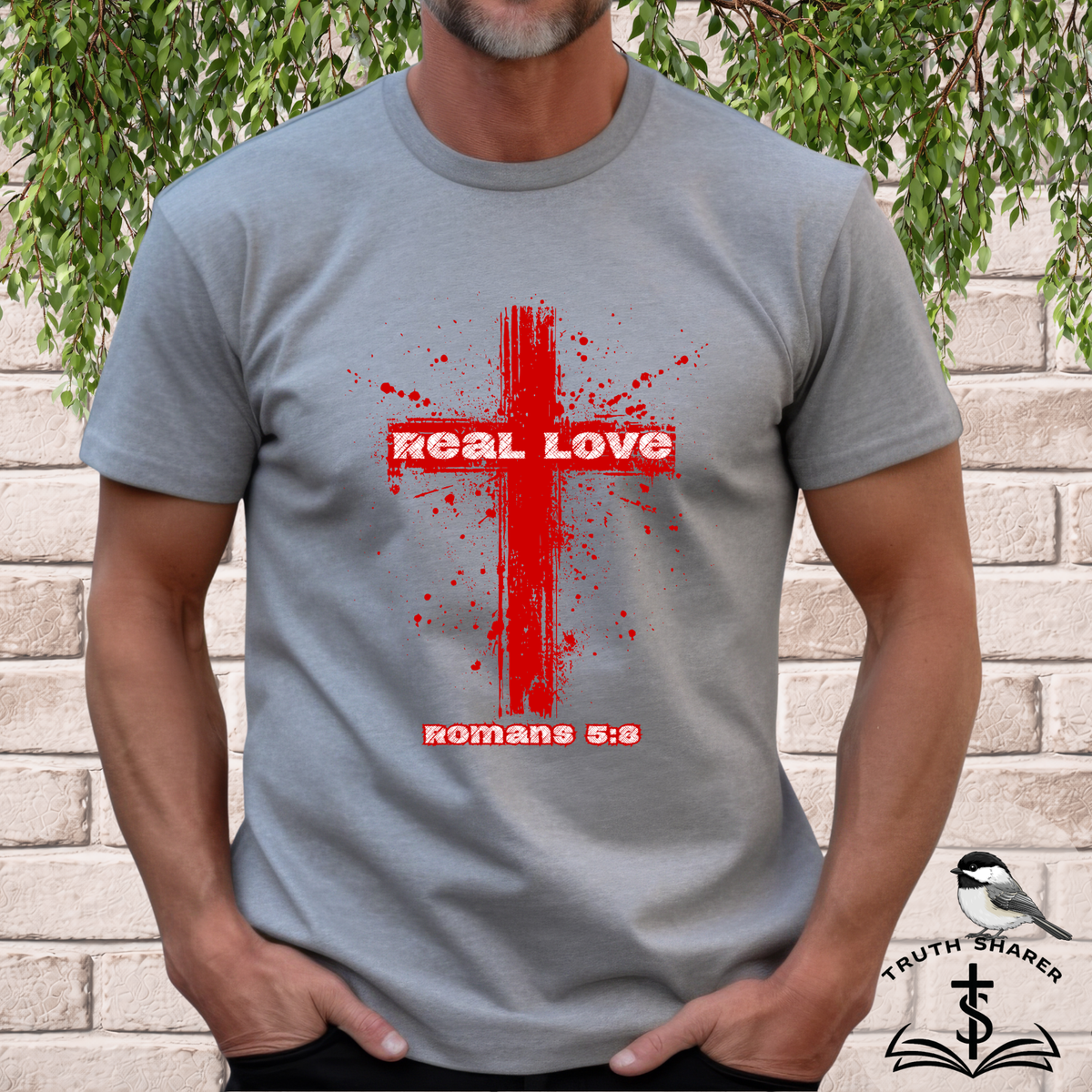 Real Love Gildan Softstyle Cross T-Shirt | Romans 5:8 Unisex Scripture Art Tee