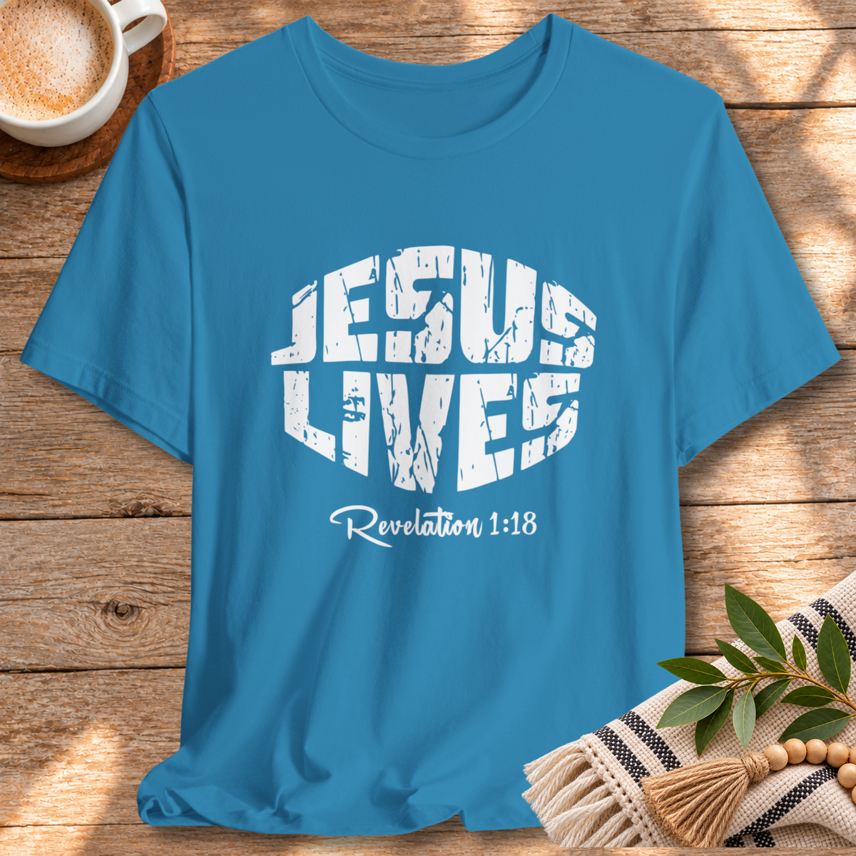 Jesus Lives Bella Canvas T-Shirt | Revelation 1:18 Scripture Art Tee