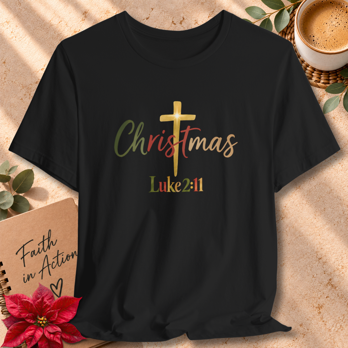 A Savior Is Born Christmas Cross Bella Canvas T-Shirt | Luke 2:11 Christian Tee