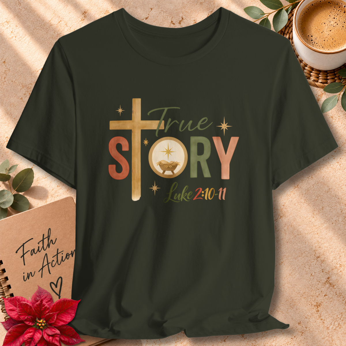 True Story – A Savior Is Born Bella Canvas Christmas T-Shirt | Luke 2:10–11 Scripture Art Tee