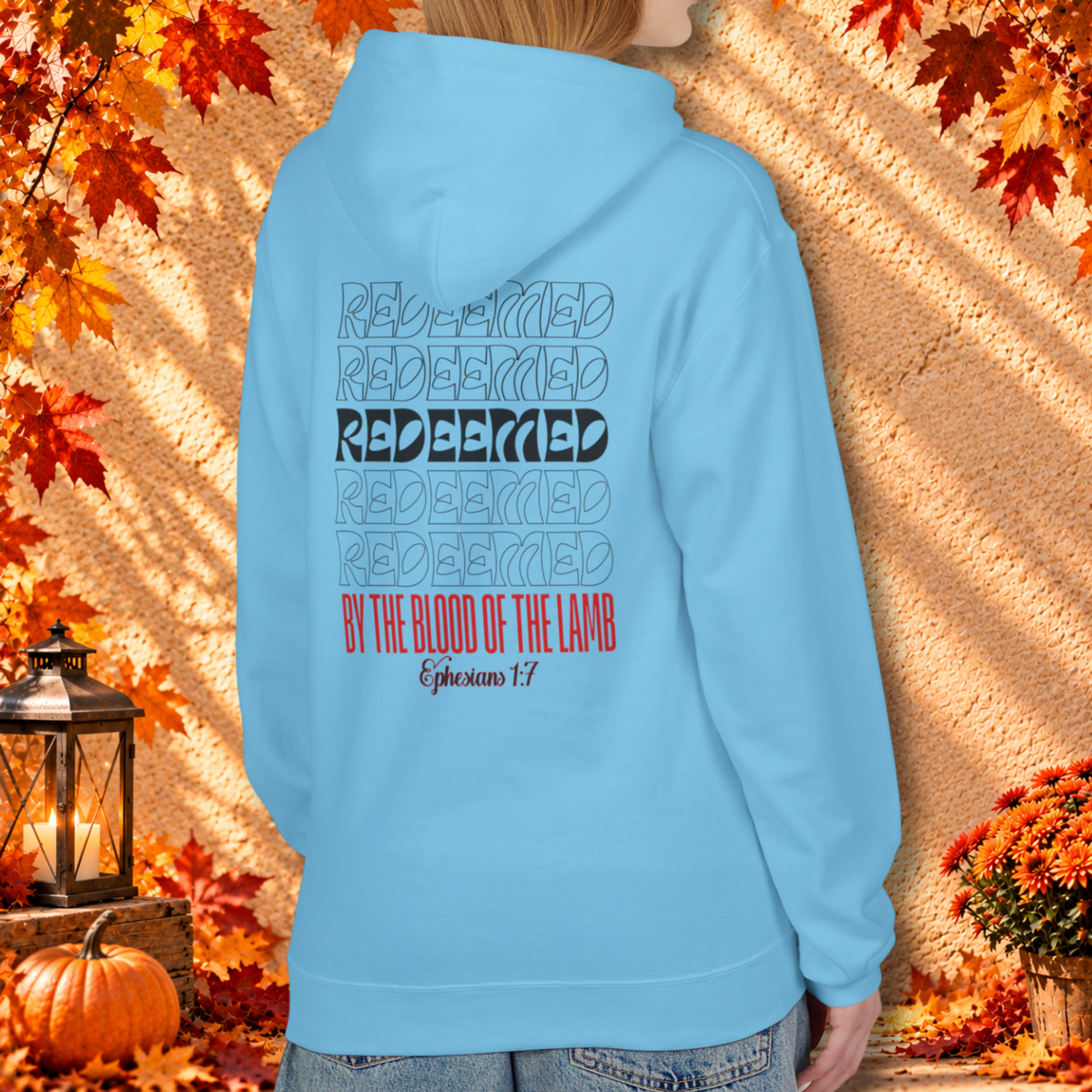 Redeemed by the Blood Unisex Christian Premium Hoodie | Ephesians 1:7 Bible Verse Hoodie
